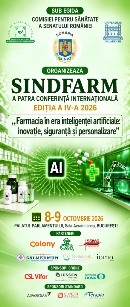 Afiș SINDFARM 2026: a patra conferință internațională, 8–9 octombrie 2026, Palatul Parlamentului, Sala Avram Iancu, București, cu partenerii și sponsorii