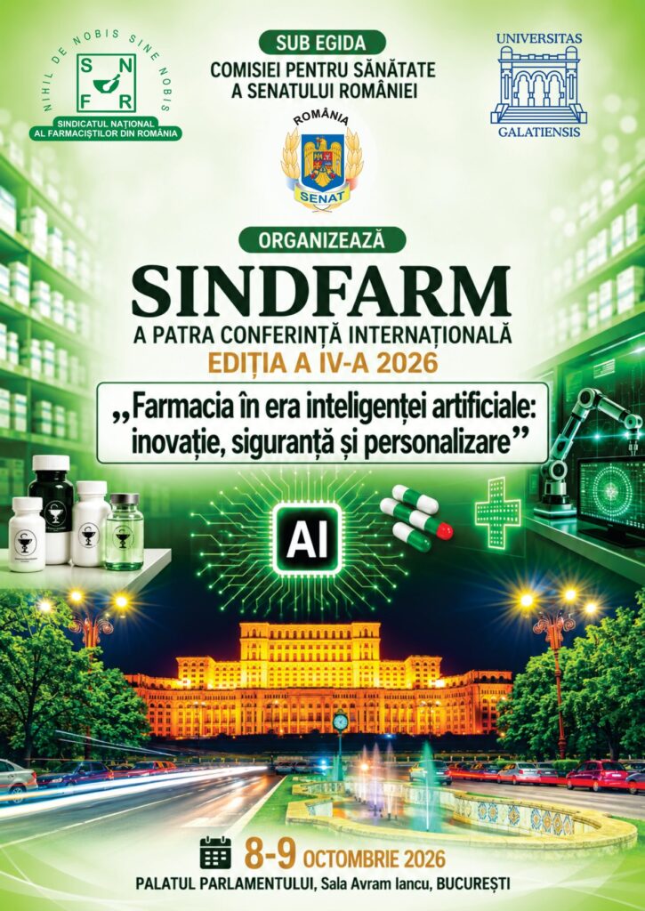 Coperta SINDFARM 2026: a patra conferință internațională, 8–9 octombrie 2026, Palatul Parlamentului, Sala Avram Iancu, București